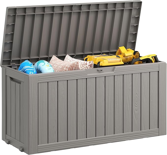 NUNU LAB 75 Gallon Outdoor Storage Box,Resin Large Sturdy Deck Box, Backyard Outside Storage Box Waterproof with Double Wall Panels,Garden Box,Package Delivery Outdoor Hose Storage Bin-VerdiqueGarden
