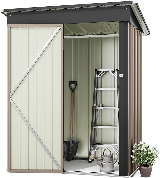 Greesum Outdoor Storage Shed 5 x 3 ft. Utility Tool Shed Metal Storage Garden Shed with Door & Lock for Patio Storage, Brown-VerdiqueGarden