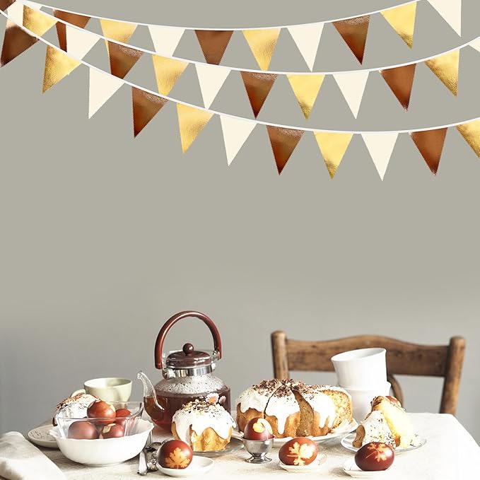 Brown Beige and Gold Party Decorations Fabric Triangle Pennant Banner Flag Bunting Garland for Boho Neutral Rustic Cowboy Western Teddy Bear Birthday Baby Shower Graduation Engagement Party Supplies-VerdiqueGarden