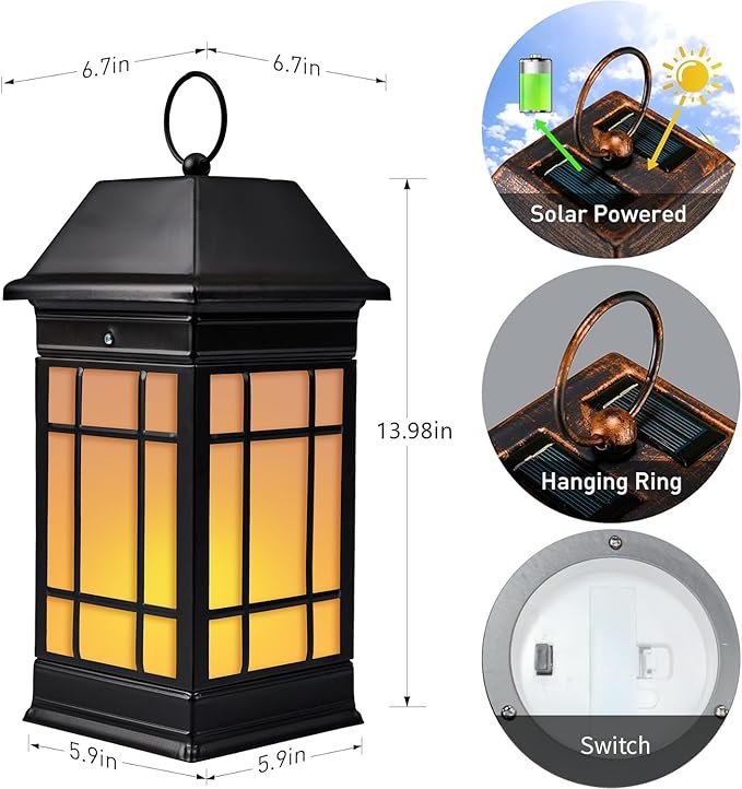 14" Solar Lantern Outdoor Waterproof, Glass Flickering Flame Solar Lanterns, Hanging Metal Lantern Decorative for Patio Front Porch Garden Backyard Tabletop Mothers Day Gifts Mom-VerdiqueGarden