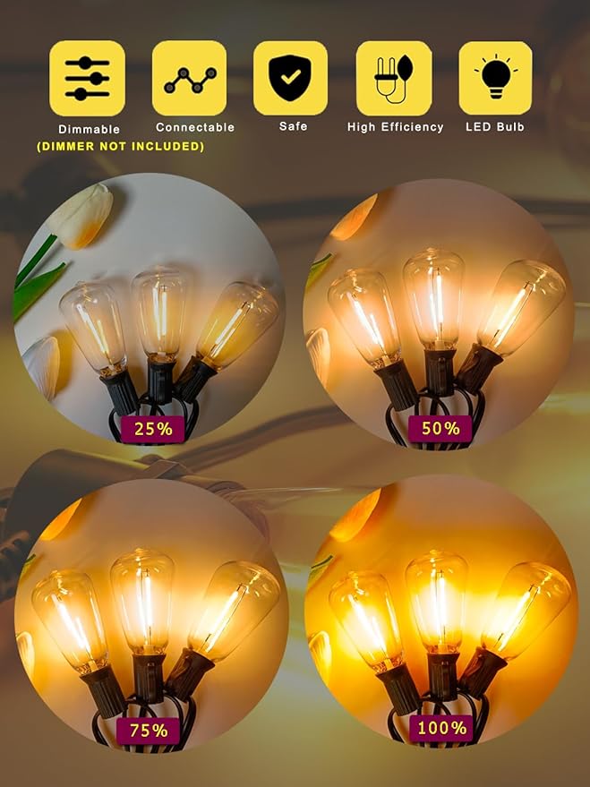 DAMAING Outdoor String Lights Weatherproof 400FT shatterproof connectable Patio Lights for Outside 4 Pack x 100FT with 208 Vintage dimmable LED Edison Bulbs,Hanging Lights for Garden,Balcony-VerdiqueGarden