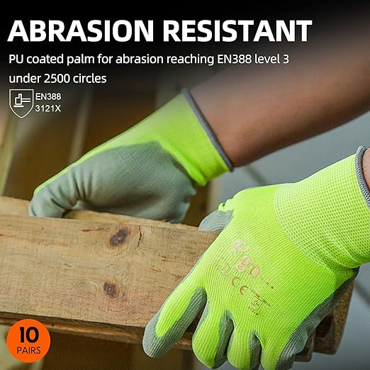 Vgo... 10-Pairs Safety Work Gloves, Gardening Gloves, Polyurethane Coated, Dipping Gloves, Latex Free (Size L, Yellow, PU2103)-VerdiqueGarden