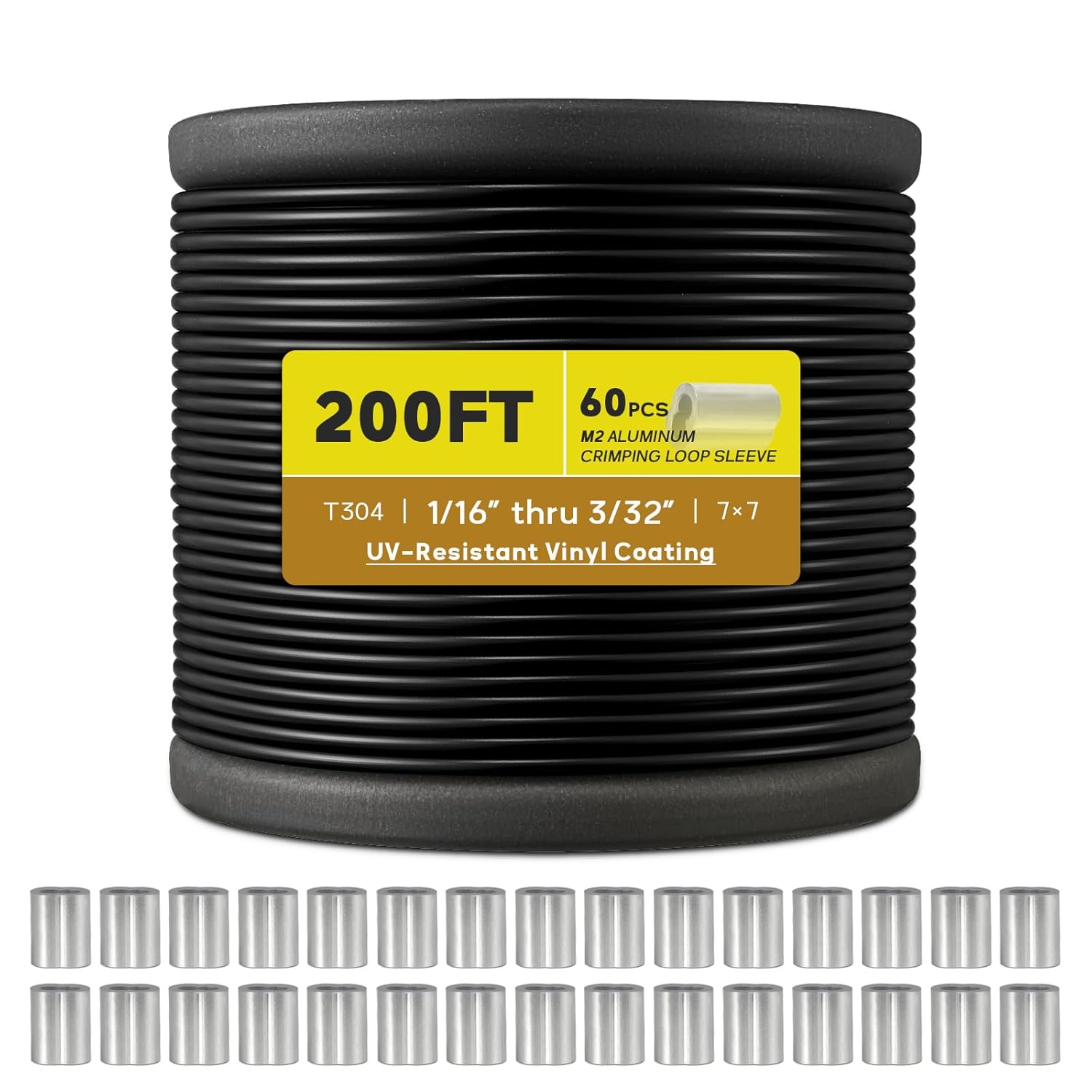 Vinyl Coated Wire Rope 1/16 Inch Overmolded to 3/32 Inch, 200FT 304 Stainless Steel Cable with 60 Pcs Crimping Sleeves for String Light Hanging Kit, Clotheslines and Trellis Wire-VerdiqueGarden