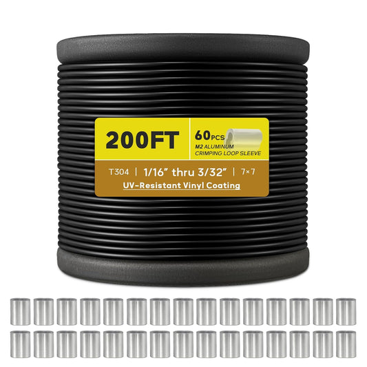 Vinyl Coated Wire Rope 1/16 Inch Overmolded to 3/32 Inch, 200FT 304 Stainless Steel Cable with 60 Pcs Crimping Sleeves for String Light Hanging Kit, Clotheslines and Trellis Wire-VerdiqueGarden