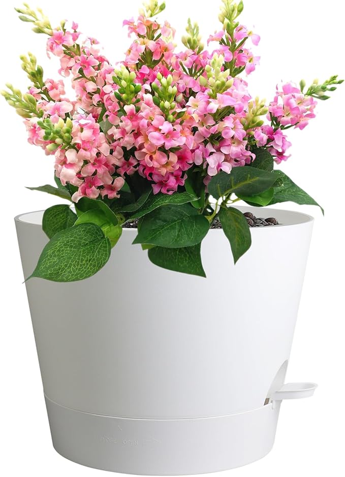 12 inch Large Self Watering Pots for Indoor Outdoor Plants, Flower Plant Pots with Mesh Drainage Holes for Garden House, Plastic Planters with Reservoir for Home, White-VerdiqueGarden