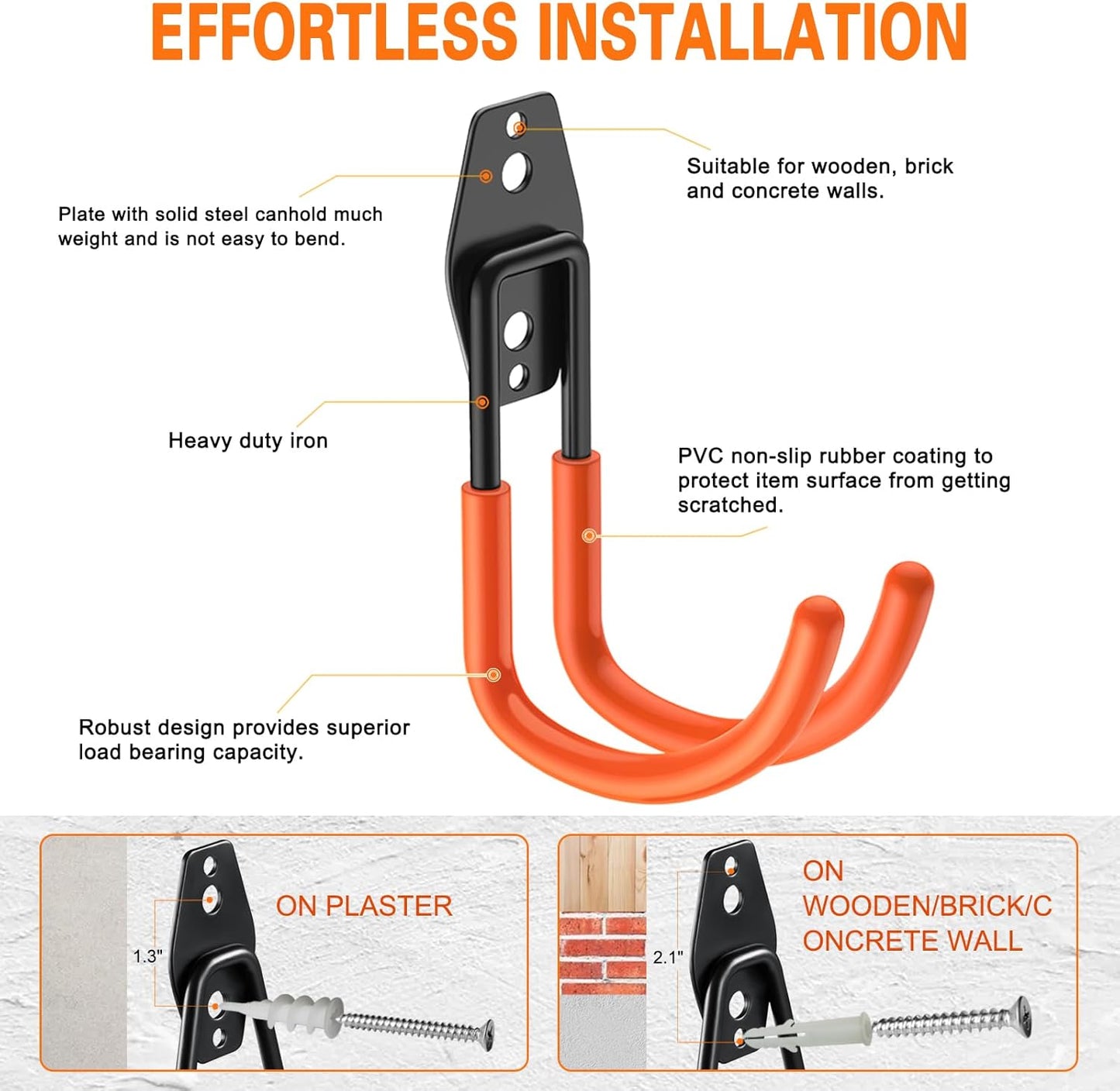 Heavy Duty Garage Hooks 4 Pack, J Shaped Hanger, Wall Mounted Storage System, Power and Garden Tool Organizer, for Hanging Ladders, Bikes Tires, Hose, Bulk Items-VerdiqueGarden