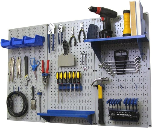Wall Control Pegboard Organizer 4 ft. Metal Pegboard Standard Tool Storage Kit with Gray Toolboard and Blue Accessories-VerdiqueGarden