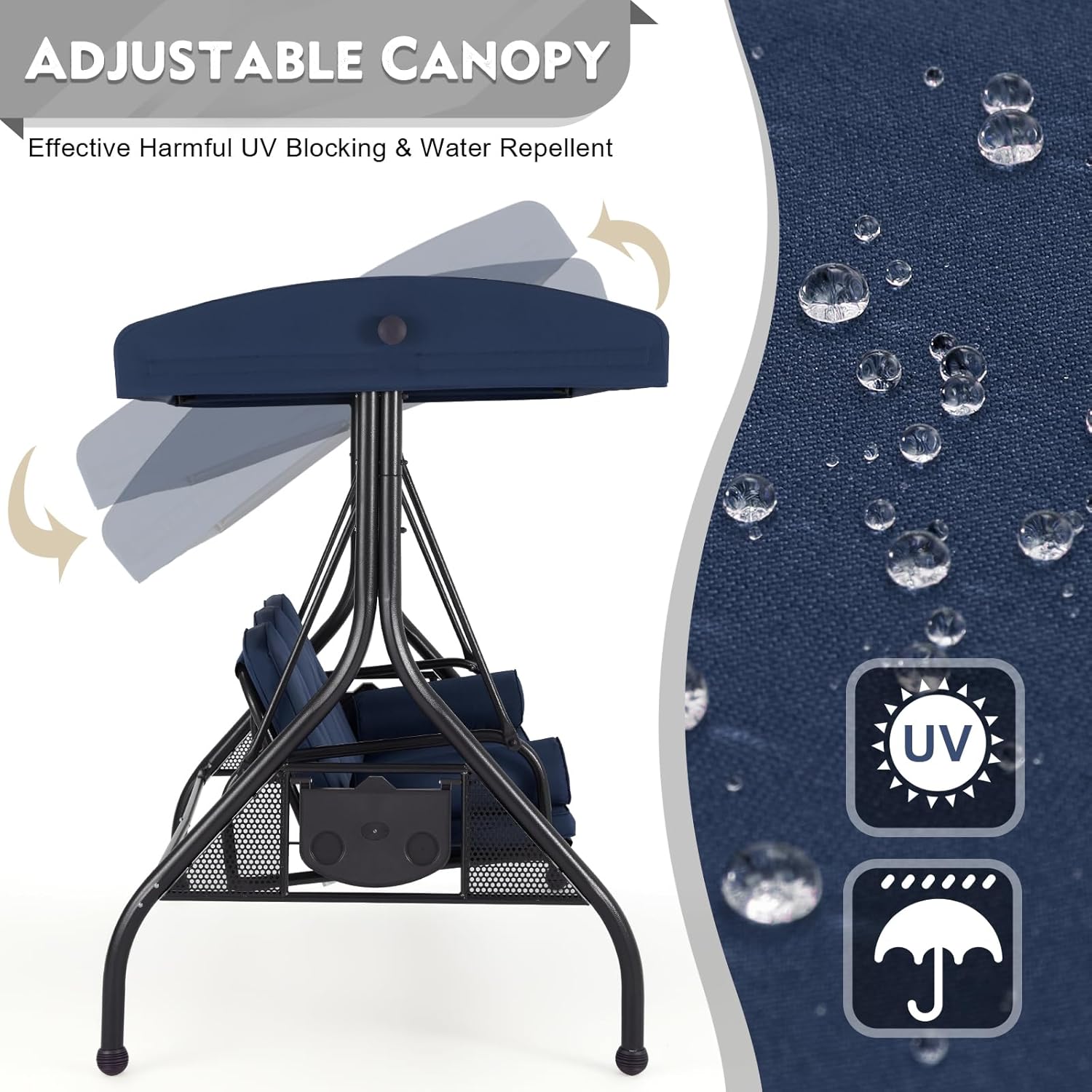 HOMREST 3 Seat Outdoor Porch Swing with Adjustable Canopy, Convertible Patio Swing Bed with Stand, Patio Glider Swing with Upgraded Cup Holder, Thicken Cushions ＆ Pillow for Backyard (Blue)-VerdiqueGarden