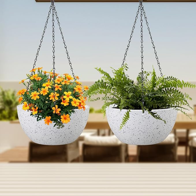 12 inch Large Hanging Planters for Indoor Outdoor Plants, 2 Pack Hanging Flower Pots with Drainage Holes and Chain for Garden Porch, Plastic Hanging Baskets for House Plants, Speckled White-VerdiqueGarden