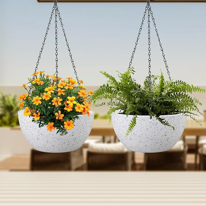 10 inch Hanging Planters for Indoor Outdoor Plants, 2 Pack Hanging Flower Pots with Drainage Holes and Chain for Garden Porch, Plastic Hanging Baskets for House Plants, Speckled White-VerdiqueGarden
