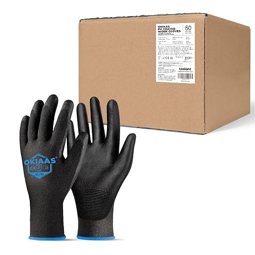 OKIAAS Work Gloves for Men - Ultra Thin and Lightweight With Grip, Bulk Case of 60 Pairs, Polyurethane Coating for Construction and Light Duty Work (Black, X-Large)-VerdiqueGarden