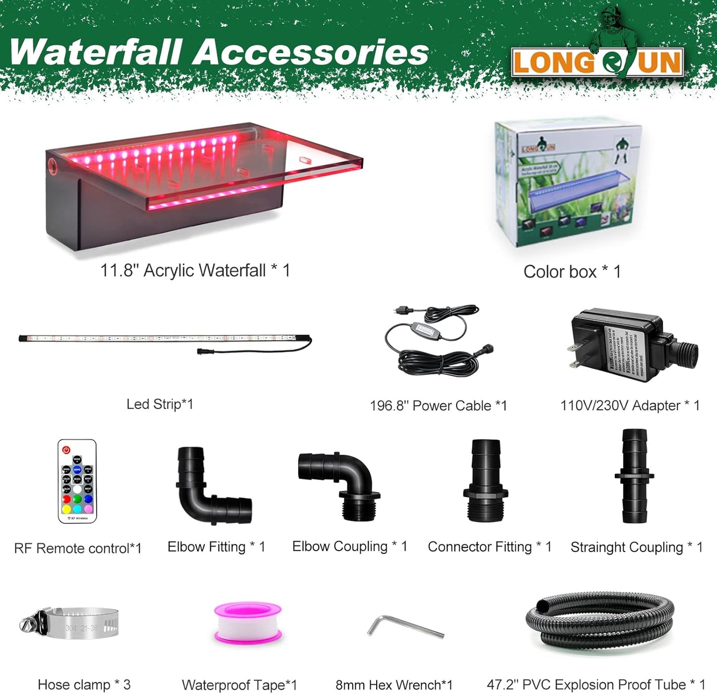 LONGRUN Waterfall Spillway Multi-Color LED Light Outdoor Pool Fountain, Acrylic Water Spillway Koi Pond Waterfalls Fountains Kit for Garden Patio Swimming Pool Koi Ponds Decoration-11.8"-VerdiqueGarden