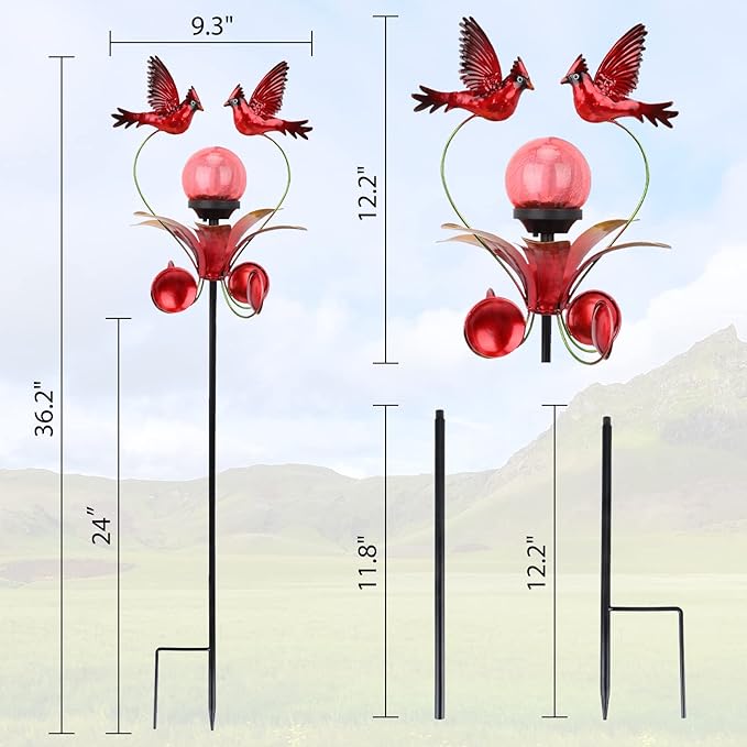 VCUTEKA Cardinal Solar Lights Outdoor Metal Garden Stake Waterproof Crackle Glass Globe Garden Decor Cardinal for Pathway, Lawn, Patio, Yard-VerdiqueGarden