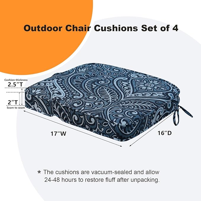 Round Corner Seat Cushions, 17" x 16" x 2", Set of 4, Indoor Outdoor Water Repellent Universal Chair Pads with Ties for Patio Furniture, Garden Deck Dining Chairs, Damask Blue Flower-VerdiqueGarden