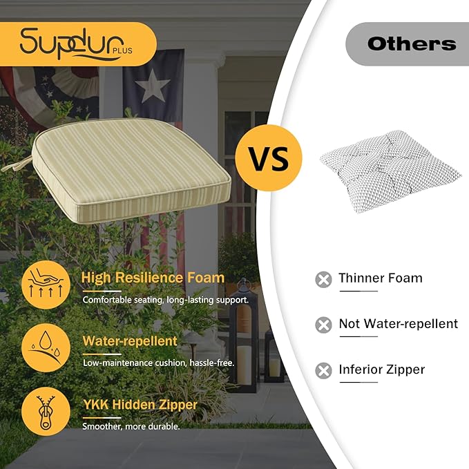 Outdoor Round Corner Seat Cushion, 17"x16"x2", Set of 4, Non Slip Seat Cushion Pads with Removable Cover for Patio Furniture, Garden Yard Lawn, Beige Brown Stripe-VerdiqueGarden