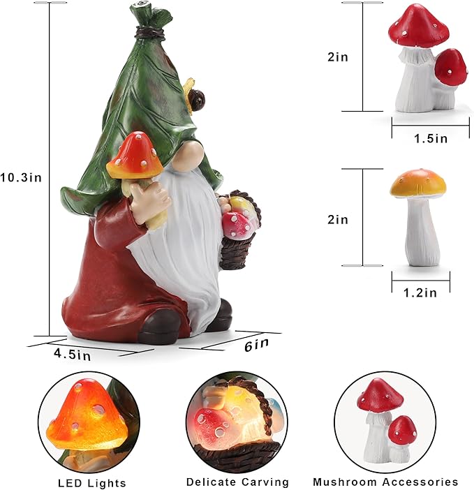 Mushroom-Picking Gnome Solar Garden Statue with 3 LED Lights, Set with 1 Gnome and 2 Small Mushroom, Lovely Garden Gnome Set for Patio, Yard, Lawn Ornament, Outdoor Decor-VerdiqueGarden