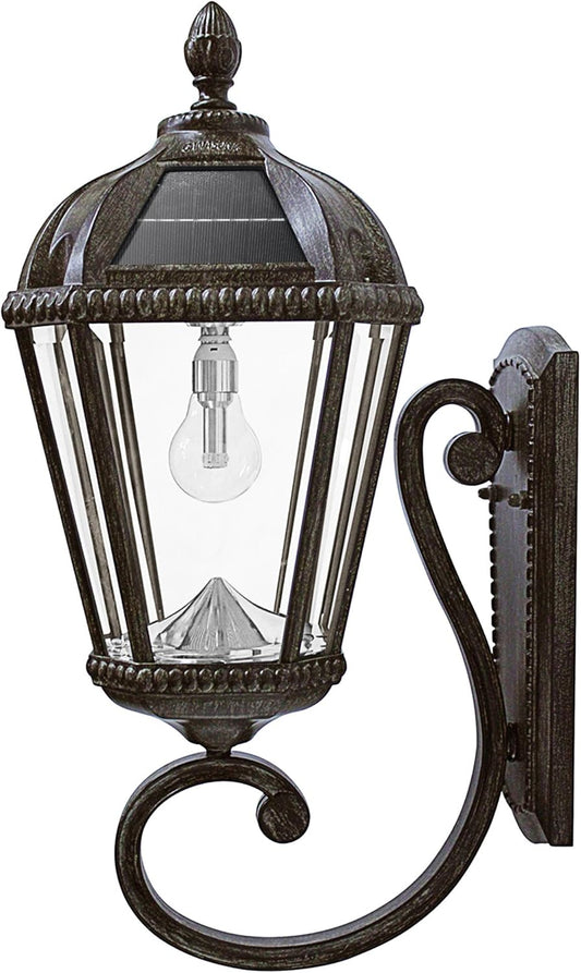 Gama Sonic Solar Outdoor Wall Light, Royal Bulb Exterior Sconce Lamp, Weathered Bronze Finish Aluminum, Rain Water Glass, Warm White LED with Omni-Direction Reflector, 98B310 Upgraded Panel & Battery-VerdiqueGarden