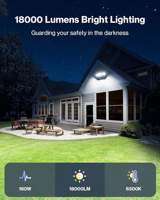 Olafus 180W Motion Sensor Outdoor Lights, 18000lm Dusk to Dawn LED Flood Lights Outdoor Wired, 6500K Daylight Motion Lights for Outside, IP65 Waterproof Exterior Security Light, Black-VerdiqueGarden