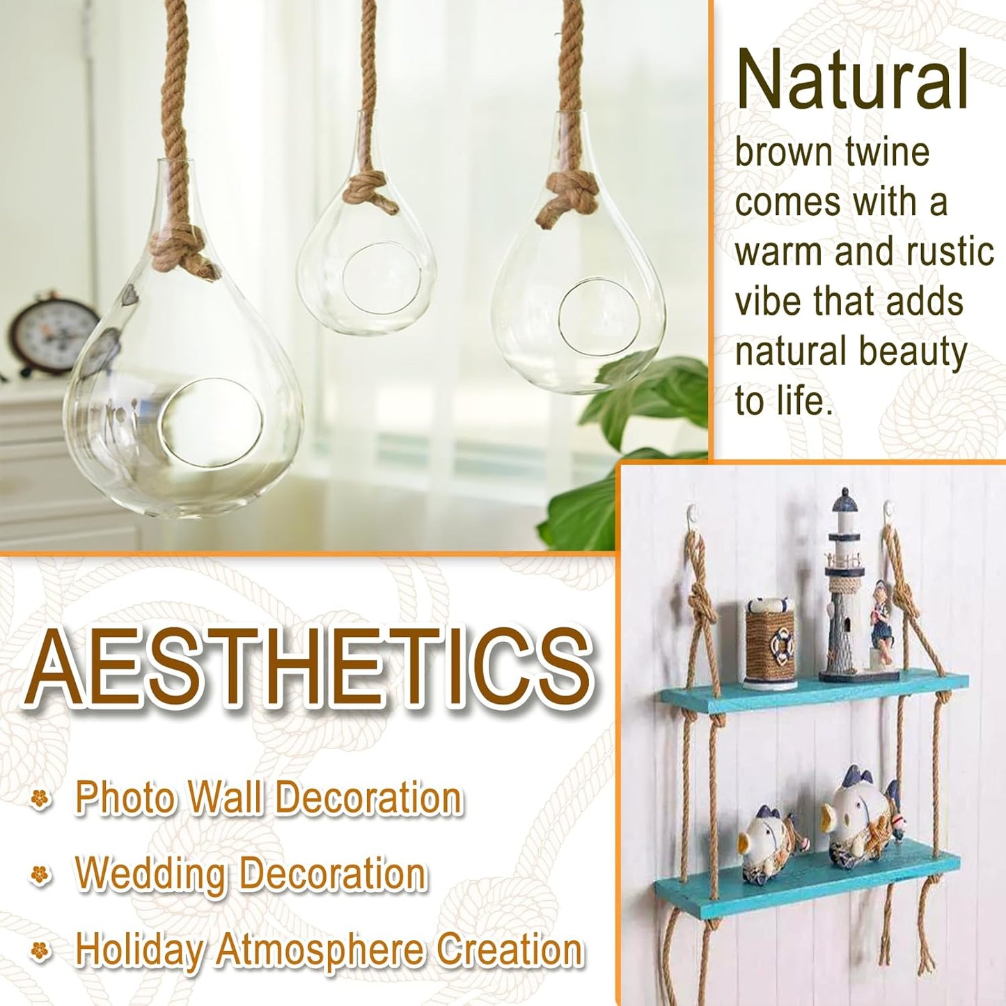 6mm Jute Twine String, 164 Feet 4 Ply Thick Heavy Duty Twine Rope for Crafts, Cat Scratching Post, Cats Toy Making, Gardening Plant, Packing, Bundling, Christmas, Wedding Decor-VerdiqueGarden