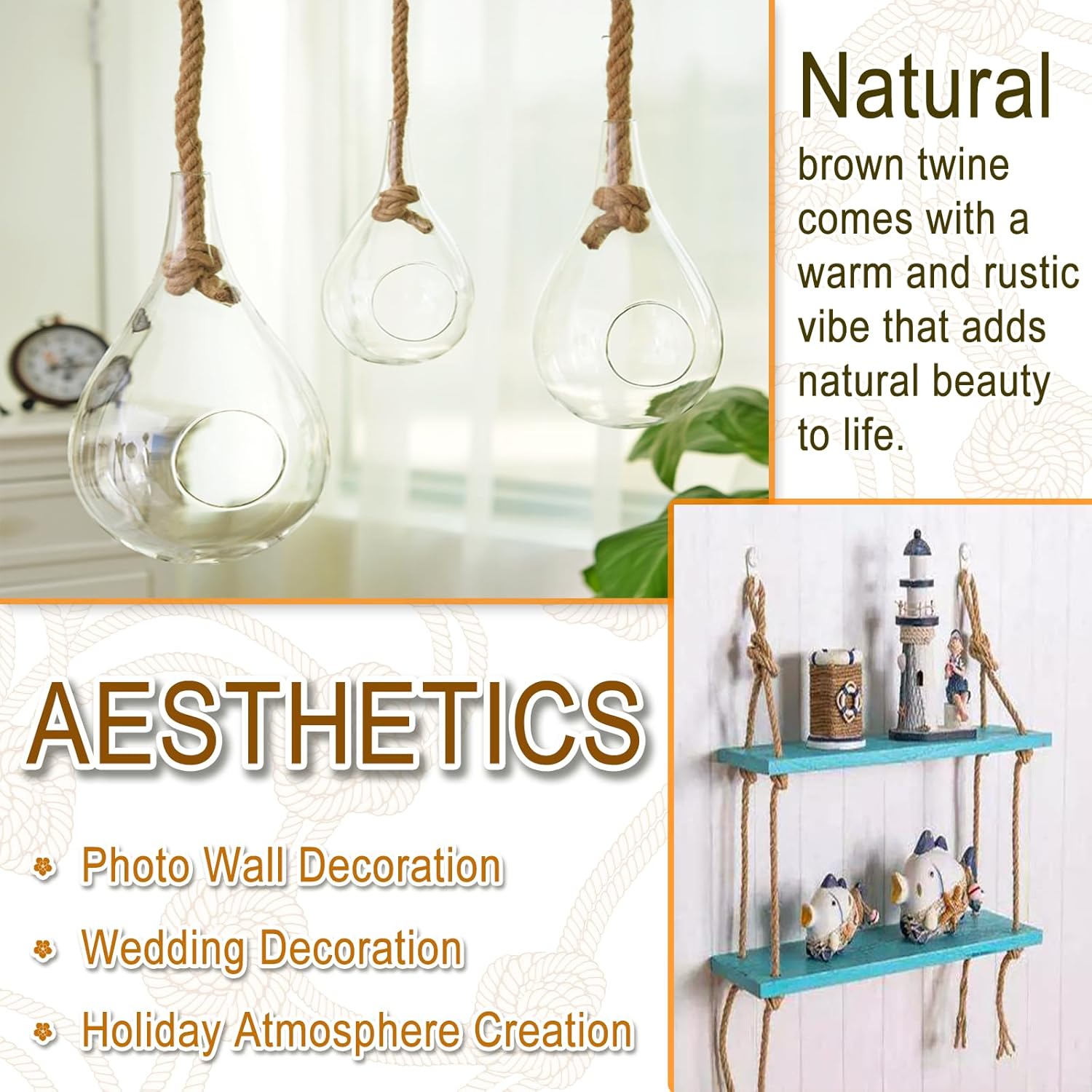 6mm Jute Twine String, 164 Feet 4 Ply Thick Heavy Duty Twine Rope for Crafts, Cat Scratching Post, Cats Toy Making, Gardening Plant, Packing, Bundling, Christmas, Wedding Decor-VerdiqueGarden