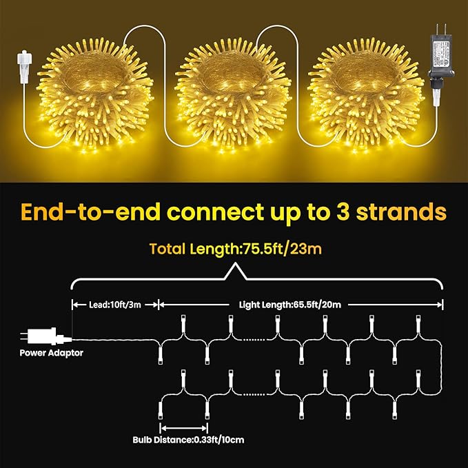 Warm White 75 Ft 200 LED Christmas String Lights - Connectable, 8 Modes, Timer, Waterproof Fairy Twinkle Lights for Christmas Party, Garden, Patio, Home, Holiday, Xmas Tree Decorations-VerdiqueGarden