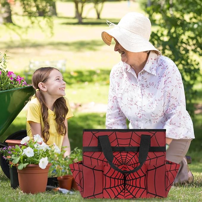 Spiders Web Red Gardening Tool Bag,Heavy Duty Garden Tote Bag,Portable Oxford Gardening Storage Basket Organizer Handbag with Pockets Handle,Hand Tools Gifts for Outdoor Garden Lawn-VerdiqueGarden