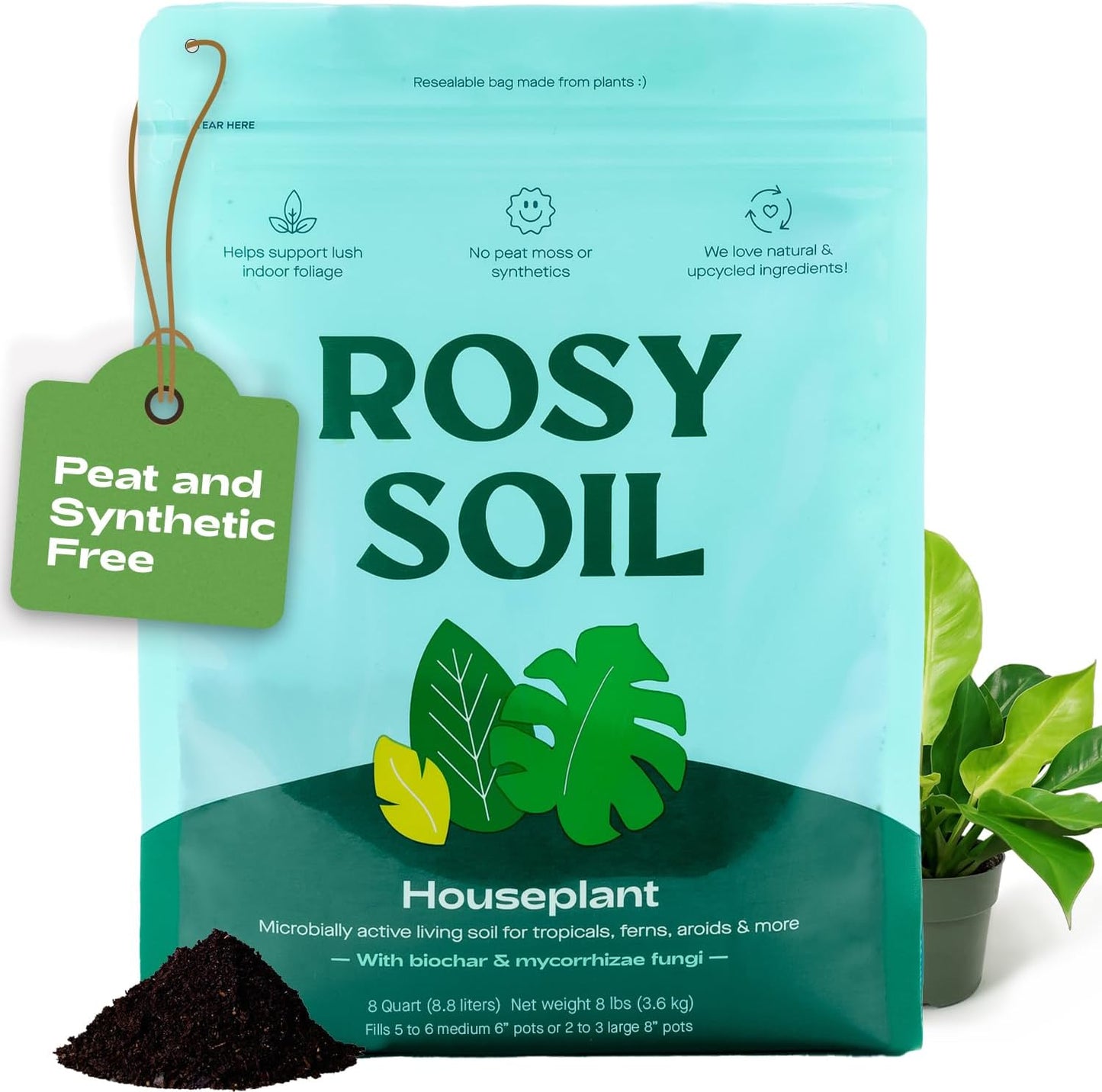 Rosy Soil Indoor Potting Soil for House Plants - Organic Potting Soil Mix for Indoor Plants - Enriched w/Root-Boosting Biochar for Foliage Plants, Flowers, Herbs - Peat Free, Less Prone to Gnats - 8qt-VerdiqueGarden