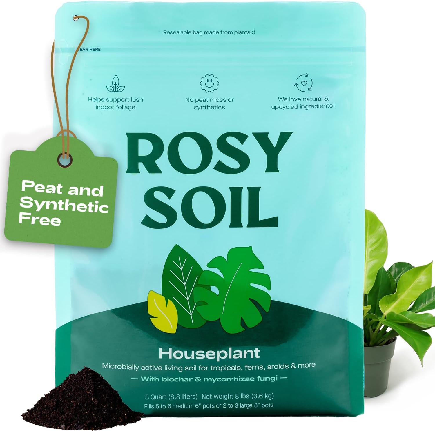 Rosy Soil Indoor Potting Soil for House Plants - Organic Potting Soil Mix for Indoor Plants - Enriched w/Root-Boosting Biochar for Foliage Plants, Flowers, Herbs - Peat Free, Less Prone to Gnats - 8qt-VerdiqueGarden