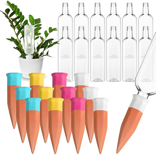 12 Pack Plant Watering Devices, Terracotta Self Watering Spikes with 25 oz Plastic Wine Bottles, Slow Release Plant Waterer Self Watering Planter for Vacation Indoor Outdoor Plant-VerdiqueGarden