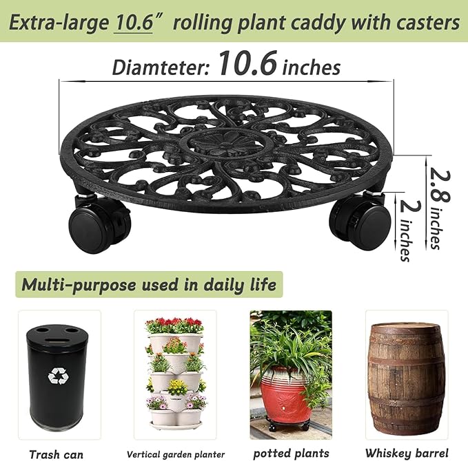 11 Inch Rolling Plant Stand with Wheels Wrought Iron Rolling Plant Stand with Casters Heavy Duty for Indoor Plants Rollers with Plant Saucers, Metal Round Plant Dolly 1 Pack-VerdiqueGarden