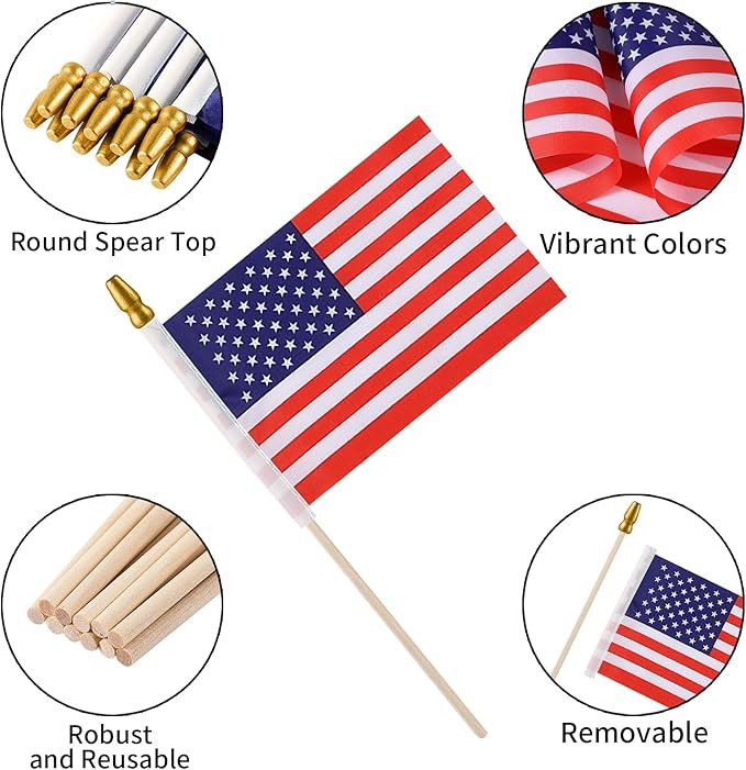 100pcs Small American Flags on Stick, Handheld 8 x 5.5 Inchs Mini American Flags with Kid-Safe Golden Spear Top, US Flags for 4th of July Decorations Outdoor, Independence Day Decorations-VerdiqueGarden