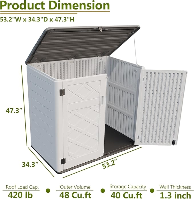 HOMSPARK Storage Shed Weather Resistance, Multi-Purpose Outdoor Storage Cabinet for Backyards and Patios, Horizontal Storage Shed for Lawnmower, Patio Accessories (Off-White, Large - 48 cu.ft)-VerdiqueGarden