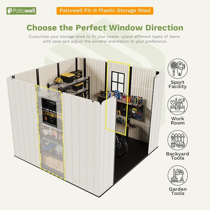 Patiowell 8 x 8 FT Resin Outdoor Storage Shed with Floor, Large Shed with Light and Lockable Door for Garden, Backyard, Tool Storage Use, Easy to Install in Beige (Kick-it Shed)-VerdiqueGarden