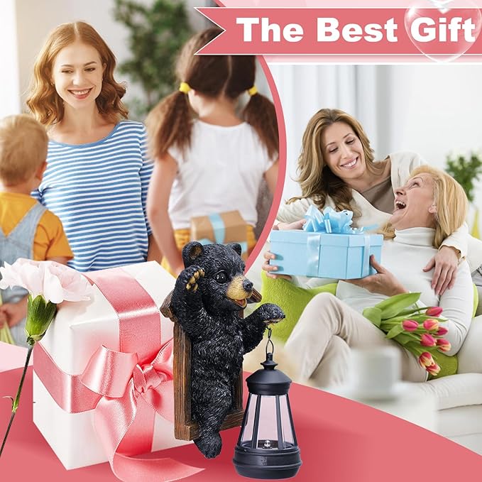 Black Bear Decor with Solar Lantern Tree Hugger - 7 Inch Bear Statue Outdoor Garden Yard Decor,Best Bear Garden Gifts for Mom,Women-VerdiqueGarden