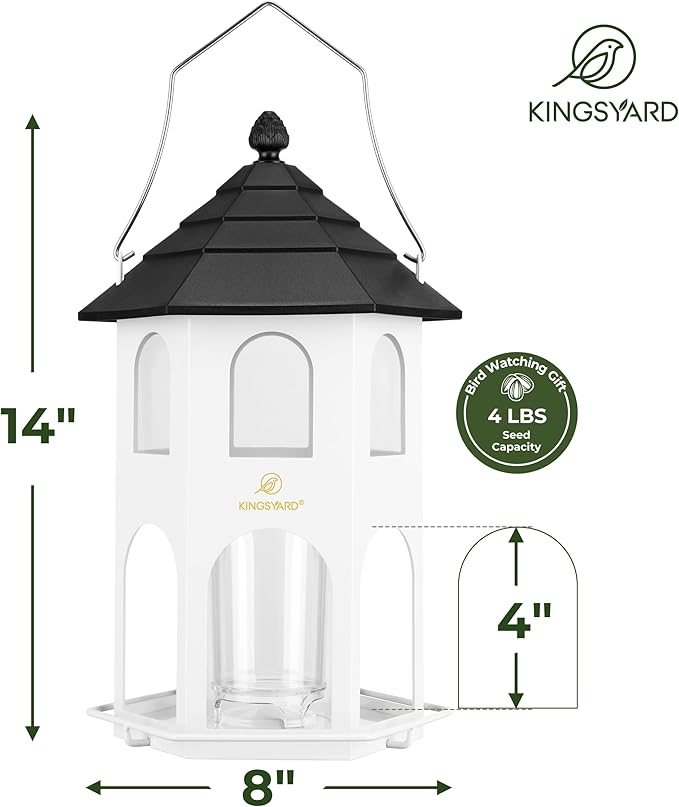 Kingsyard Metal Bird Feeder for Outdoor Hanging, Wild Bird Feeders with Circular Perch, Easy to Clean & Refill, 4 lbs Large Seed Capacity, White-VerdiqueGarden