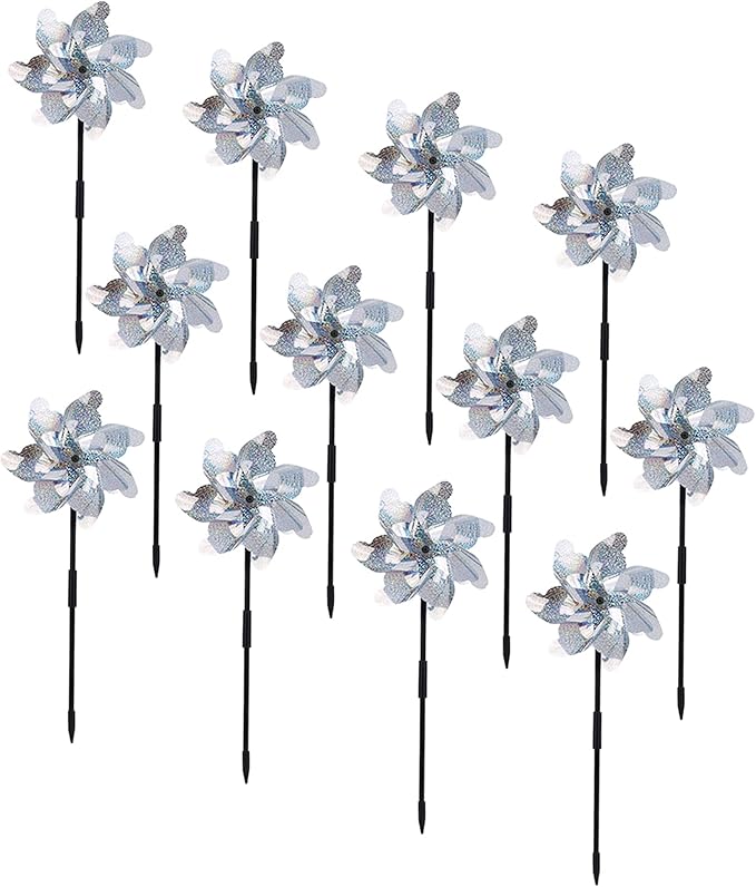 BATTIFE 12 Pack Pre-Assemble Sparkly Reflective Pinwheels | Silver Bird Blindness Pin Wheel | Scare Birds & Animals Away | Wind Spinner for Yard and Garden-VerdiqueGarden