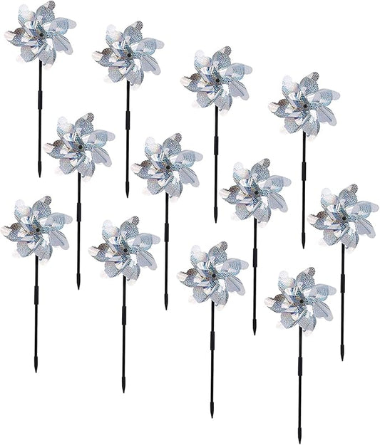BATTIFE 12 Pack Pre-Assemble Sparkly Reflective Pinwheels | Silver Bird Blindness Pin Wheel | Scare Birds & Animals Away | Wind Spinner for Yard and Garden-VerdiqueGarden