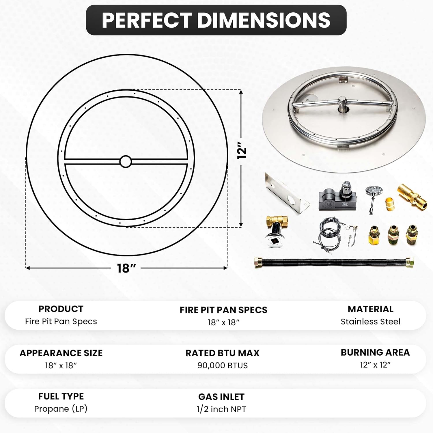 Stainless Steel Fire Pit Burner Pan & Ring Standard Kit with Spark Ignition for Liquid Propane, 18-Inch Pan, 12-Inch Ring, 90,000 BTU Max-VerdiqueGarden