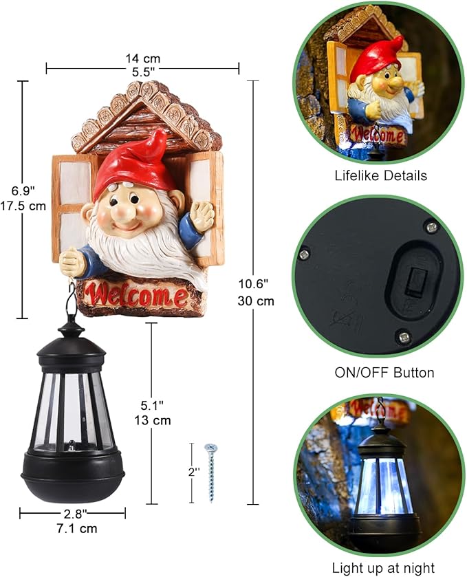 Gnome Tree Hugger with Solar Lantern - 10.6 Inch Resin Gnome Statue for Outdoor Garden Decor, Ideal Gnome Gifts and Gnome Statue Outdoor for Gnome Lovers-VerdiqueGarden
