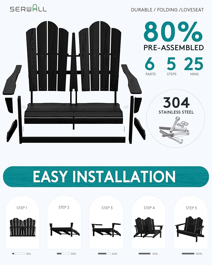 SERWALL 2 Person Adirondack Loveseat, HDPE All-Weather Folding Adirondack Bench Chair, Outdoor Adirondack Chair Set of 4, Black-VerdiqueGarden