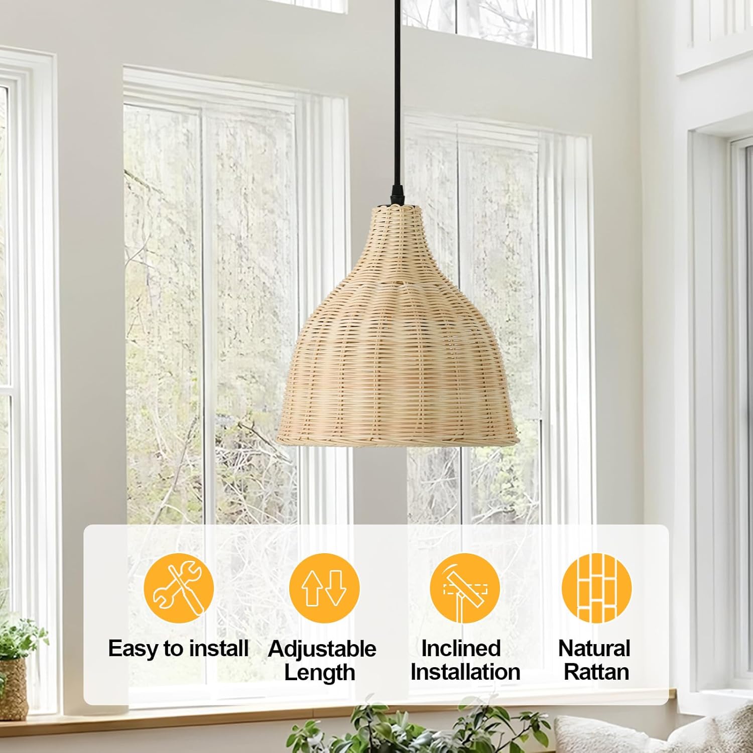 TERLEENART Hard Wired Rattan Pendant Lights Set of 2,Boho Wicker Chandelier with 9.84” Dome Shade, Basket Hand Woven Hanging Lamp for Coastal Kitchen Island Dining Room Living Room Bar Foyer Hallway-VerdiqueGarden