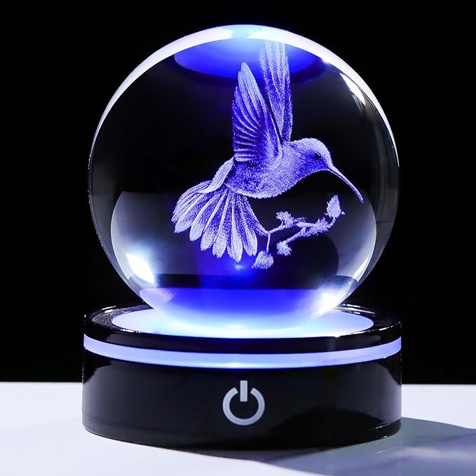 YWHL 3D Crystal Ball Hummingbird Figurine with LED Base, Hummingbird Gifts for Women Men Hummingbird Lovers on Christmas Birthday, Hummingbird Ornament Glass Decorative Ball for Home Decor (80mm)-VerdiqueGarden