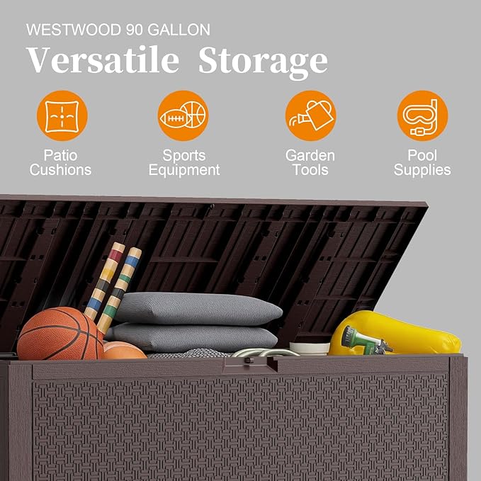 90 Gallon Resin Deck Box, Weatherproof Outdoor Storage Box for Patio, Garden, Pool, and Yard, Lockable Waterproof Bin for Tools, Cushions, and Accessories, Brown-VerdiqueGarden