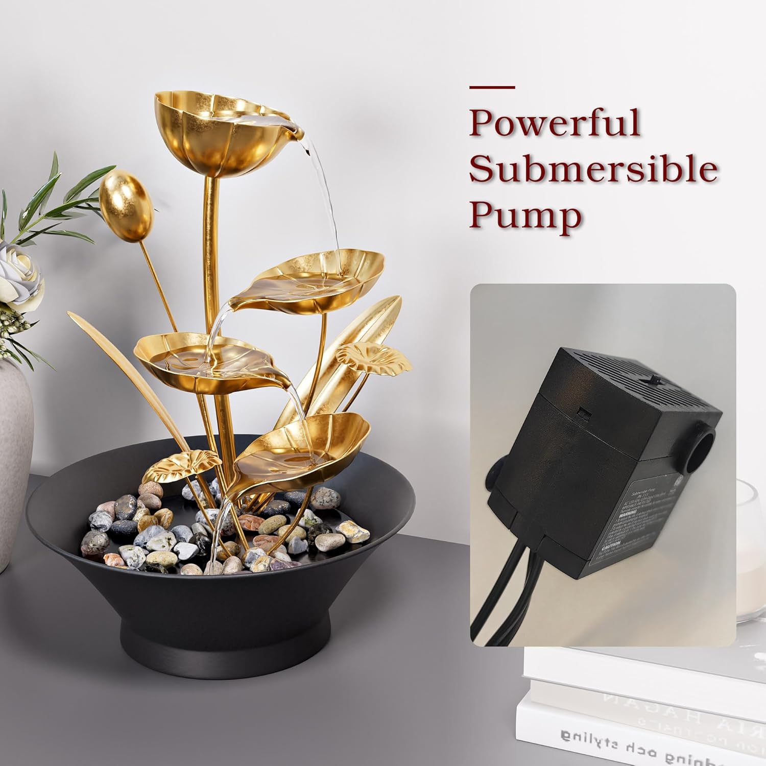 Tabletop Water Fountain, Indoor Waterfall Meditation Fountain with Golden Lotus Modeling & Natural Rocks, Home Decor for Office, Bedroom-VerdiqueGarden