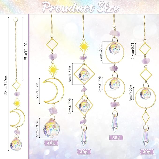 Crystal Suncatcher Rainbow Maker Hanging Prism Ornament Pendant Home Garden Car Decoration 4 Pack Gift Kit Sun Catchers Indoor Window, 13.8 Inch-VerdiqueGarden