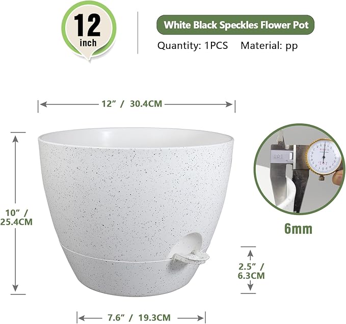 12 inch Large Self Watering Pots for Indoor Outdoor Plants, Plant Pots with Mesh Drainage Holes for Garden House Plants, Plastic Planters with Reservoir for Flower, Speckled White-VerdiqueGarden