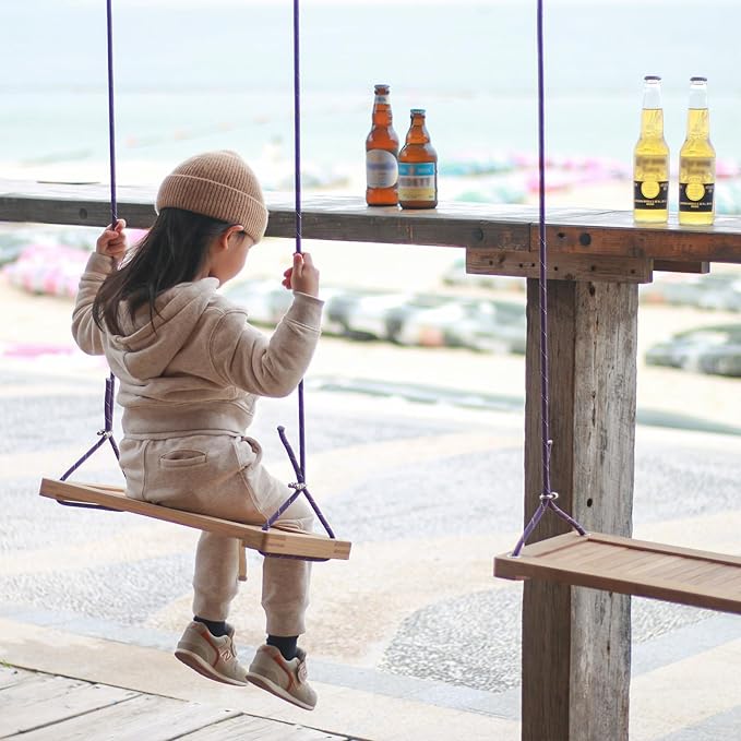 Teak Wooden Swing, Outdoor Wood Tree Swing Seat for Kids or Adults for Backyard Columpio, Height Adjustable (19.8x9inch)-VerdiqueGarden