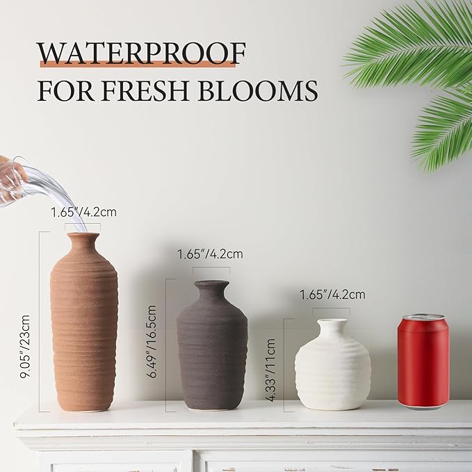 Ceramic Vase Set of 3 Neutral Decorative Vase for Farmhouse, Boho, or Rustic Home Decor Pottery Vases for Pampas Grass Living Room Bedroom Table Mantel Entryway Shelf (01-Brown)-VerdiqueGarden