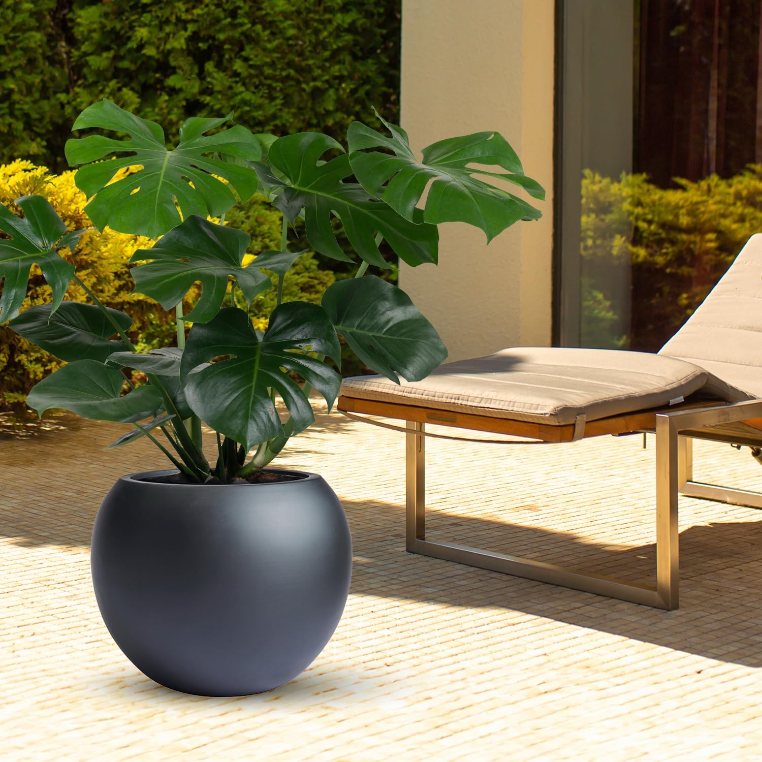 9.7" H x 12" D Globo Fiberstone Round Planter with Drainage Hole, Weather Resistant, Smooth Finish, Planters for Indoor Plants & Outdoor, 2 Extra Coco Mats (Black, 7.8" Pot Opening)-VerdiqueGarden