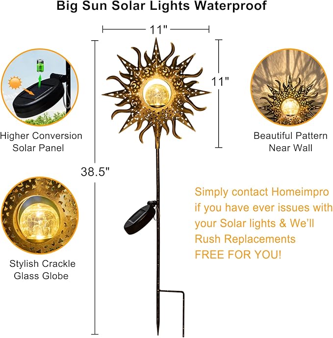 HOMEIMPRO Large Sun Solar Garden Decor Lights Outdoor Garden Gifts Mom Dad, Crackle Glass Metal Stake,Yard Decorations, Waterproof LED Lights for Lawn Patio Ornaments, Mothers Day Gifts for Women-VerdiqueGarden